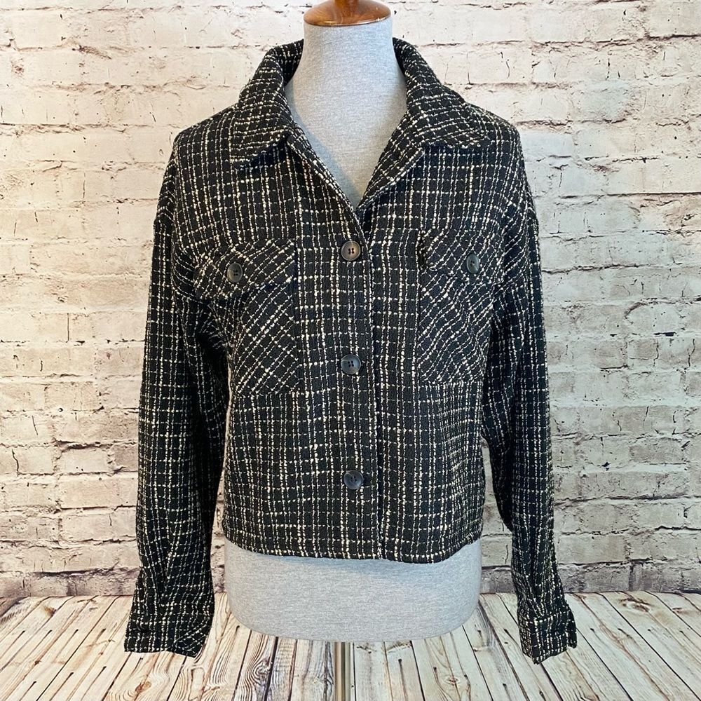 Christian Siriano Tweed Jacket Blazer Black Tan Button Up Long Sleeve Large NWT